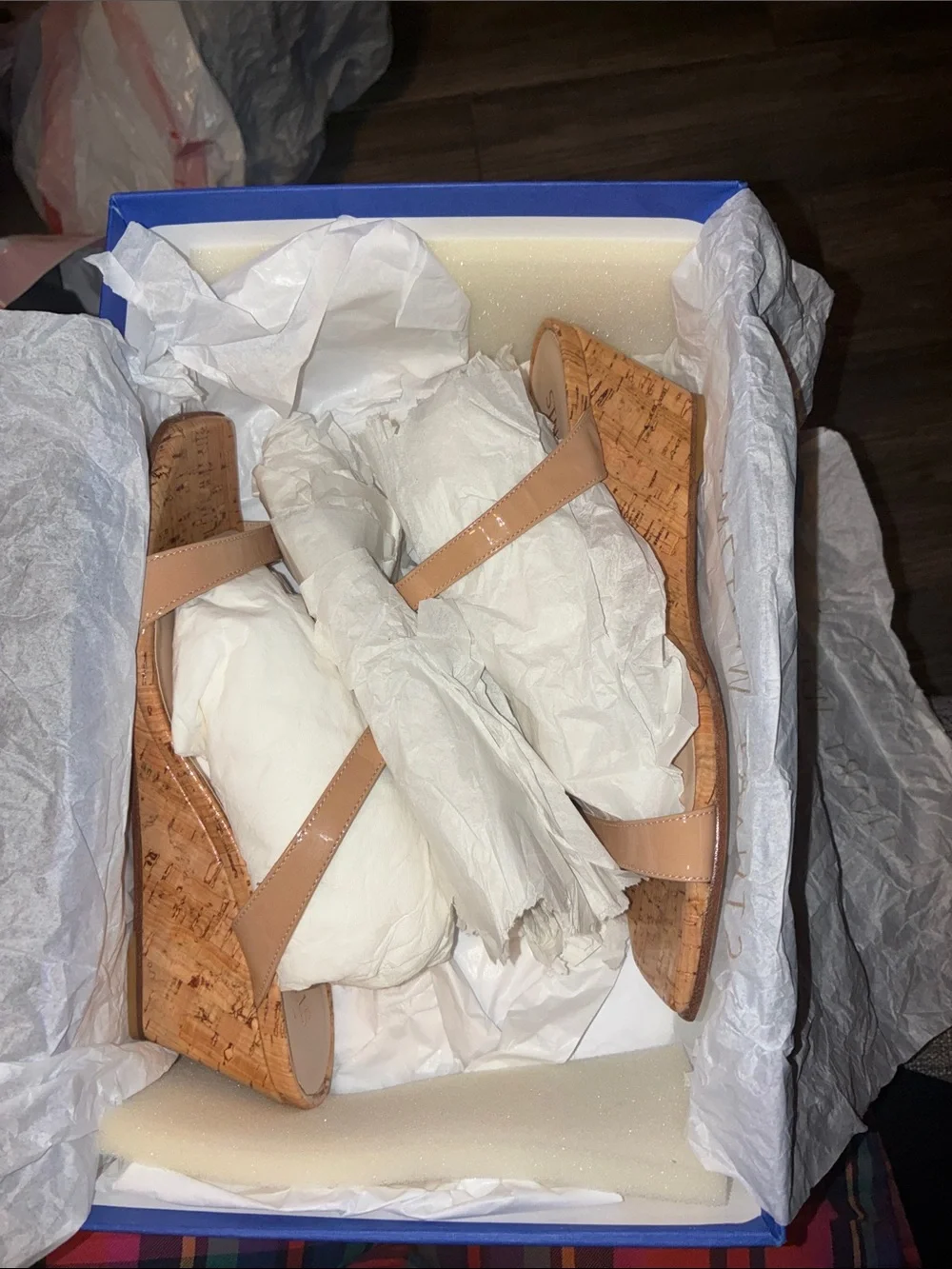 Stuart Weitzman Beige Patent Leather Cork Wedge Sandal - Picture 5 of 5